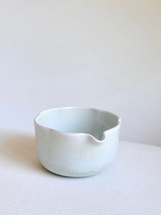 White Blossom 6 Petal Matcha Bowl with Opalescent Glaze - available on 3/22