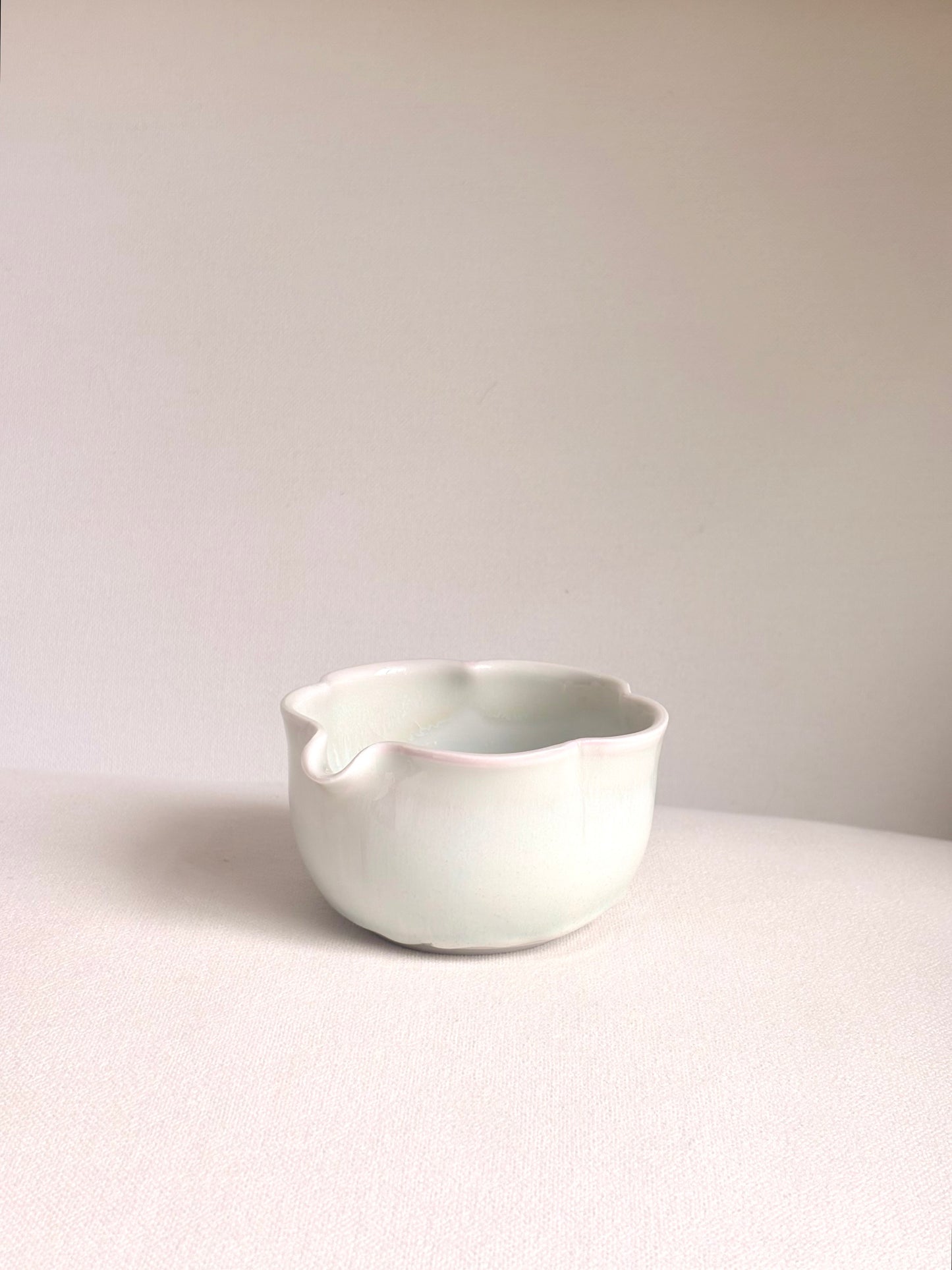 White Blossom 6 Petal Matcha Bowl with Opalescent Glaze - available on 5/16
