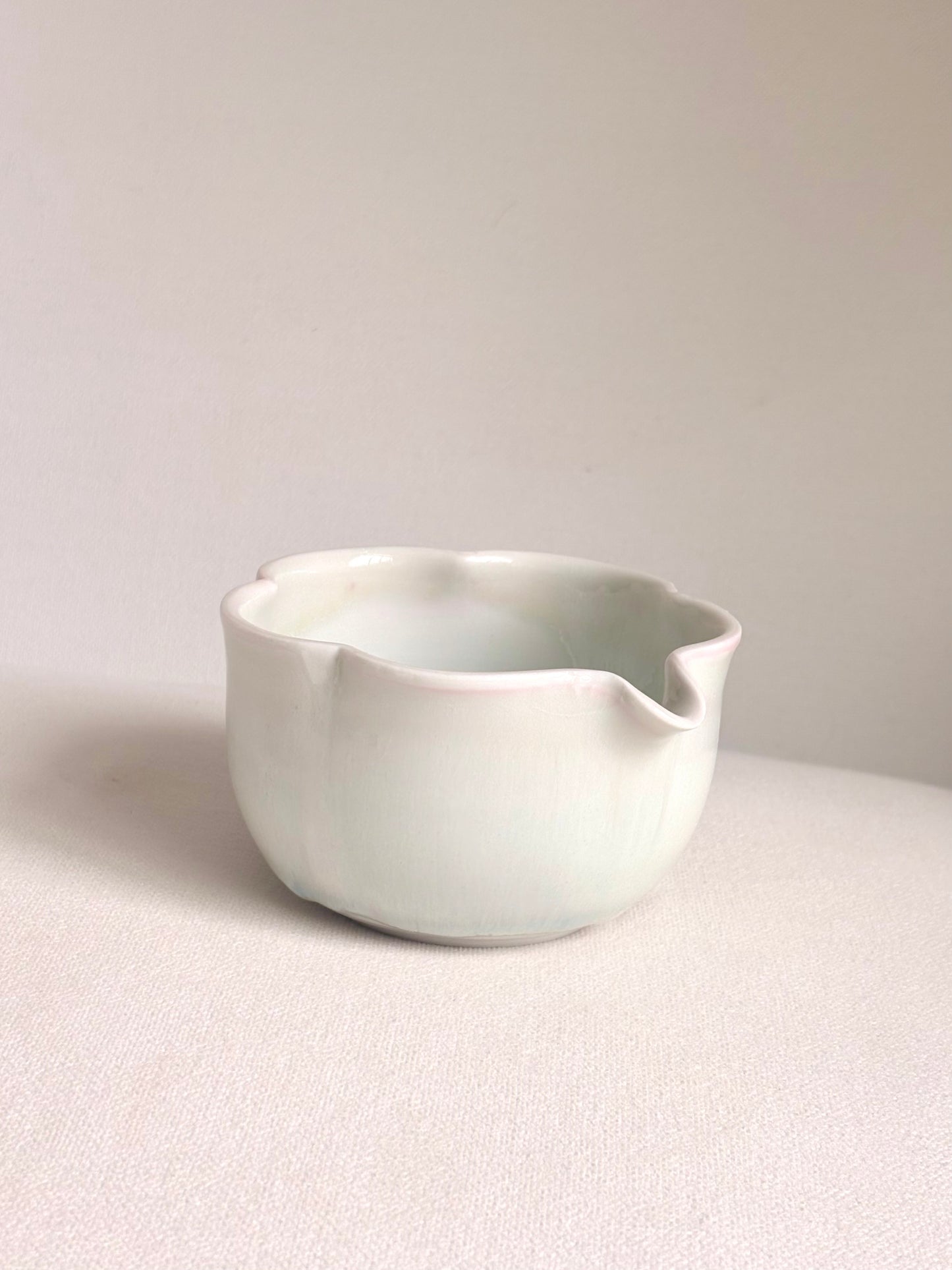 White Blossom 6 Petal Matcha Bowl with Opalescent Glaze - available on 5/16