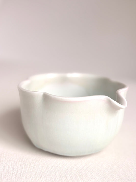 White Blossom 6 Petal Matcha Bowl with Opalescent Glaze - available on 5/16