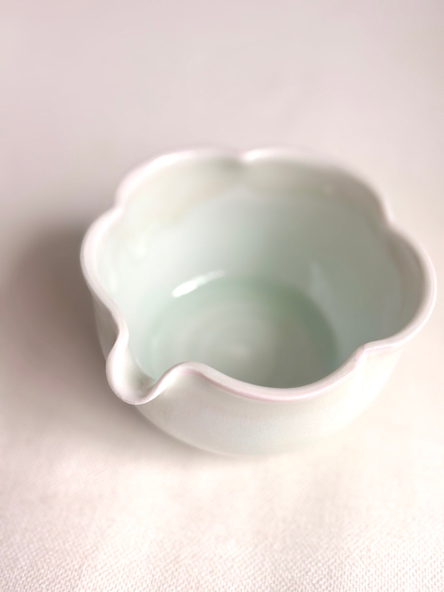 White Blossom 6 Petal Matcha Bowl with Opalescent Glaze - available on 5/16