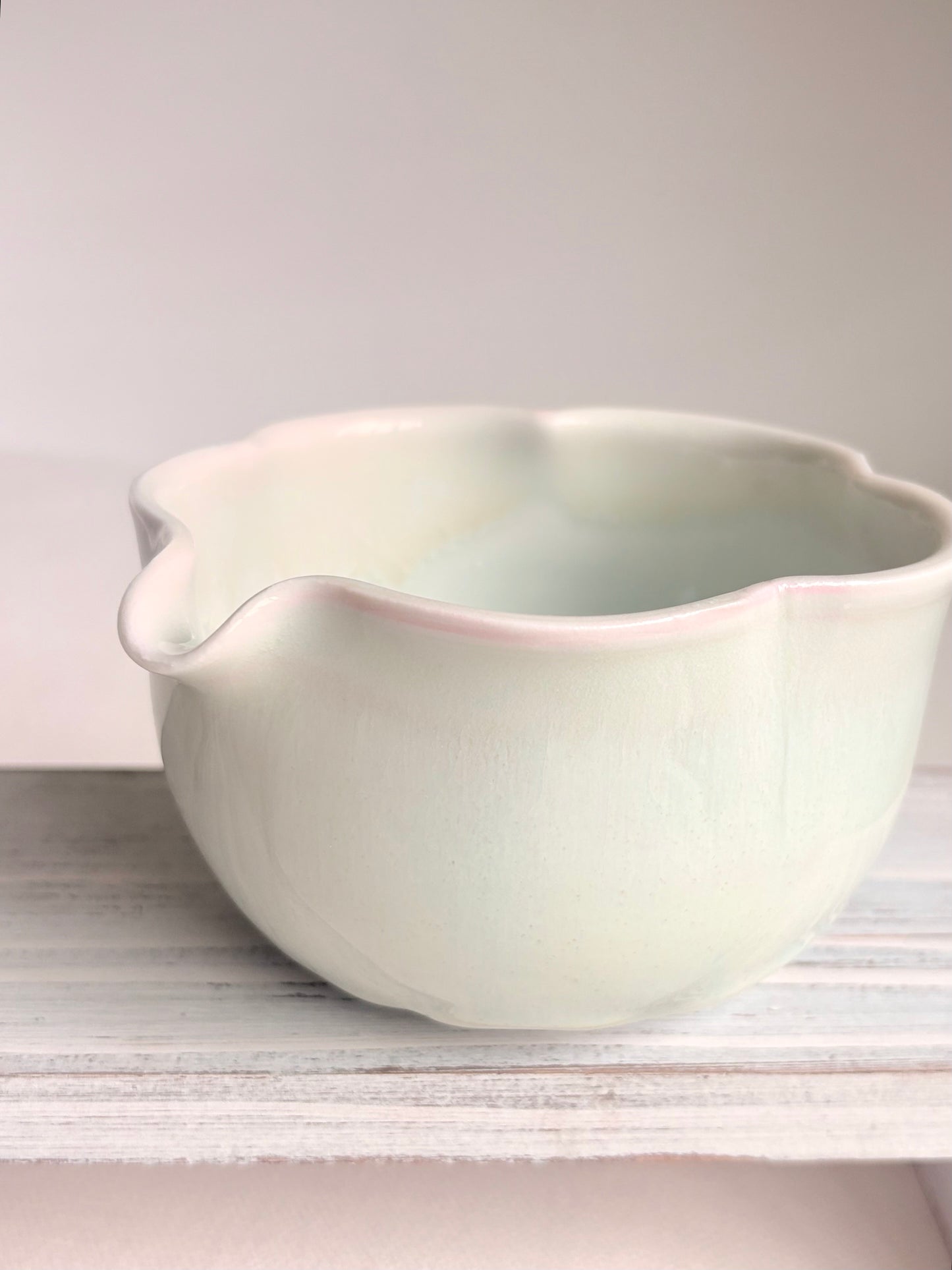 White Blossom 6 Petal Matcha Bowl with Opalescent Glaze - available on 5/16